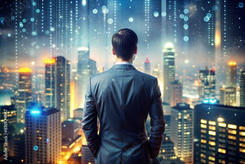 rear of man with double exposure of city lights, representing business success against an morning sky with rain in window in office 