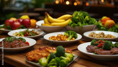 A wooden dinner table displays four plates of assorted vegetables and meat  accompanied by bowls of bananas and apples. Broccoli  in different sizes  enhances the nutritious spread.