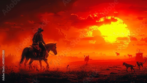 the sun sets behind a cowboy on horseback in an old west town with two cowboys walking towards him and one running away from him  a packof wild dogs is nearby