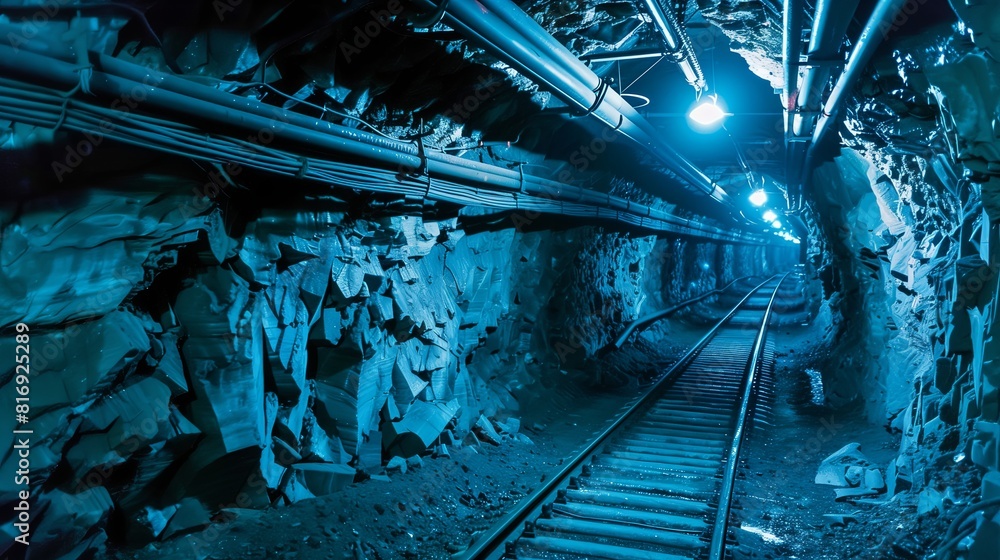 Naklejka premium miner's coal mine. process of coal and ore mining. Mining tools and equipment