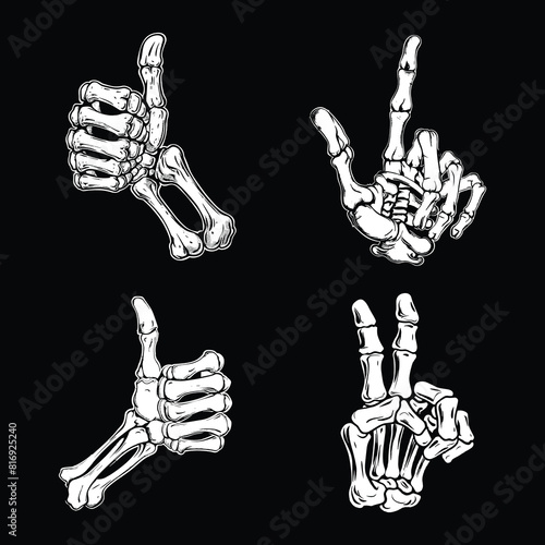  Skeleton hands show different sign, vector illustration.