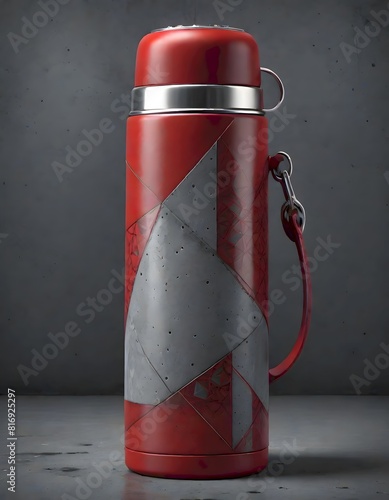 Red and grey thermos with a segmented look, having a carabiner clip connected to a red strap, Generative AI.