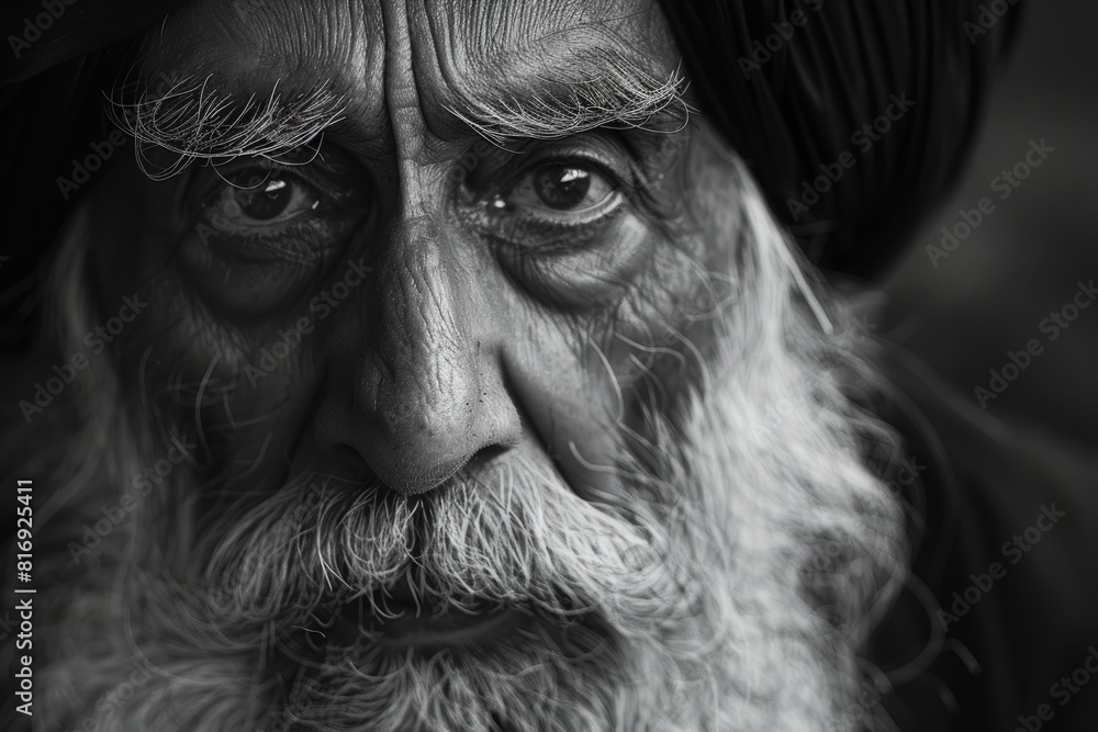 Intense portrait of an elderly man with a turban, detailed facial features in black and white. Cultural and generational wisdom concept. Design for poster, book cover. Intense portrait of an elderly man with a turban, detailed facial features in black and white. Cultural and generational wisdom concept. Design for poster, book cover.