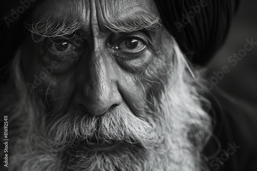 Intense portrait of an elderly man with a turban, detailed facial features in black and white. Cultural and generational wisdom concept. Design for poster, book cover. © Оксана Олейник