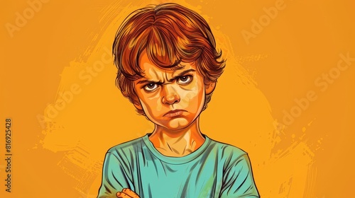 Angry kid character with crossed arms - Vibrant digital art of a child with curly hair and an angry expression, arms crossed, on a yellow background