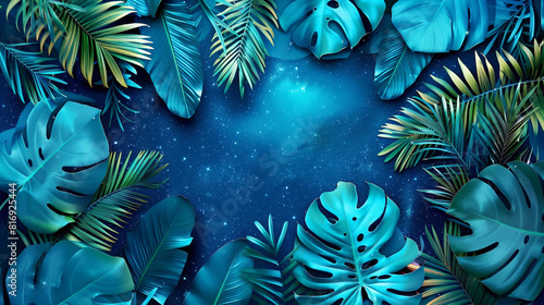 A vibrant illustration featuring various tropical leaves forming a frame around a starry night sky background. The leaves are detailed and predominantly in shades of blue and green. © Natalia