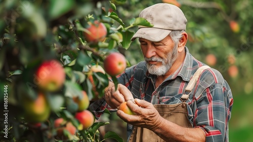 A dedicated farmer inspecting the quality of his freshly picked fruit in an orchard