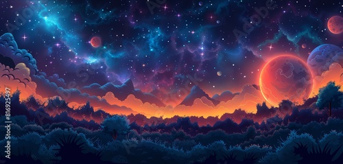 cartoon space background with planets and galaxies  colorful