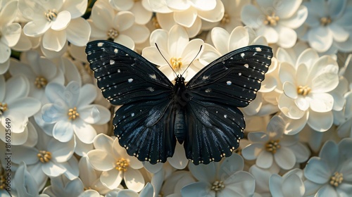 A black butterfly on a cluster of white butterflies resting on a blooming bush photo