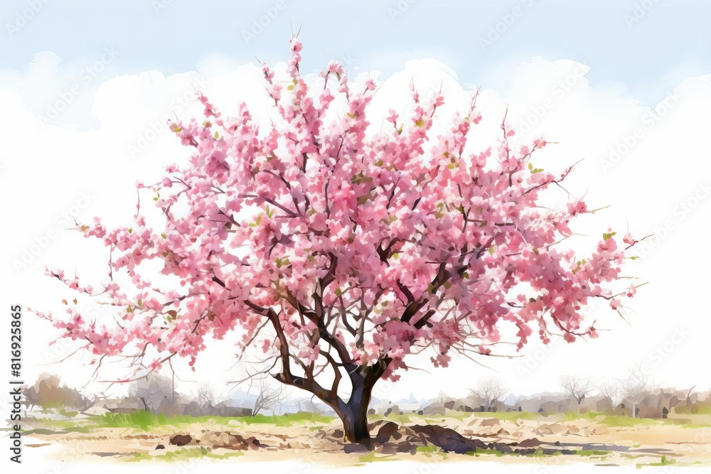 Uncluttered almond tree blossoming flat design front view nut production theme water color Analogous Color Scheme