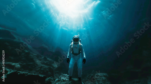 A person in a futuristic diving suit is underwater, surrounded by an oceanic landscape with light rays piercing through the surface above.