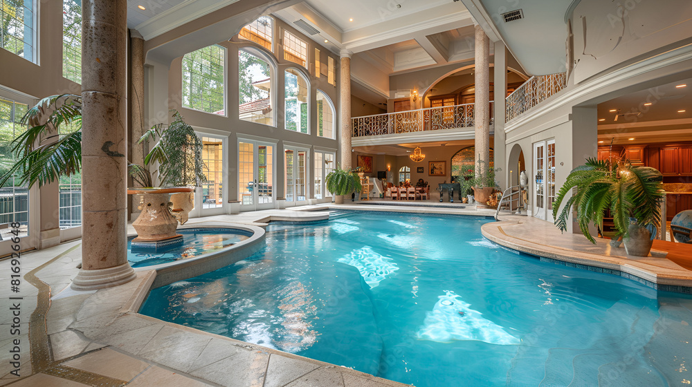 A spacious indoor swimming pool, with majestic columns lining the sides, creating an impressive architectural setting, Luxurious palatial mansion with a large swimming pool,Atmospheric Snapshot
