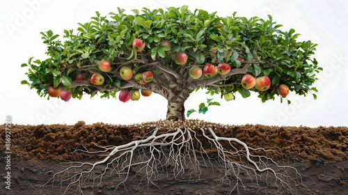 Illustration of a tree with visible roots and branches. The tree is laden with apples, showing both its fruit and its root system underground, highlighting nature and growth. photo