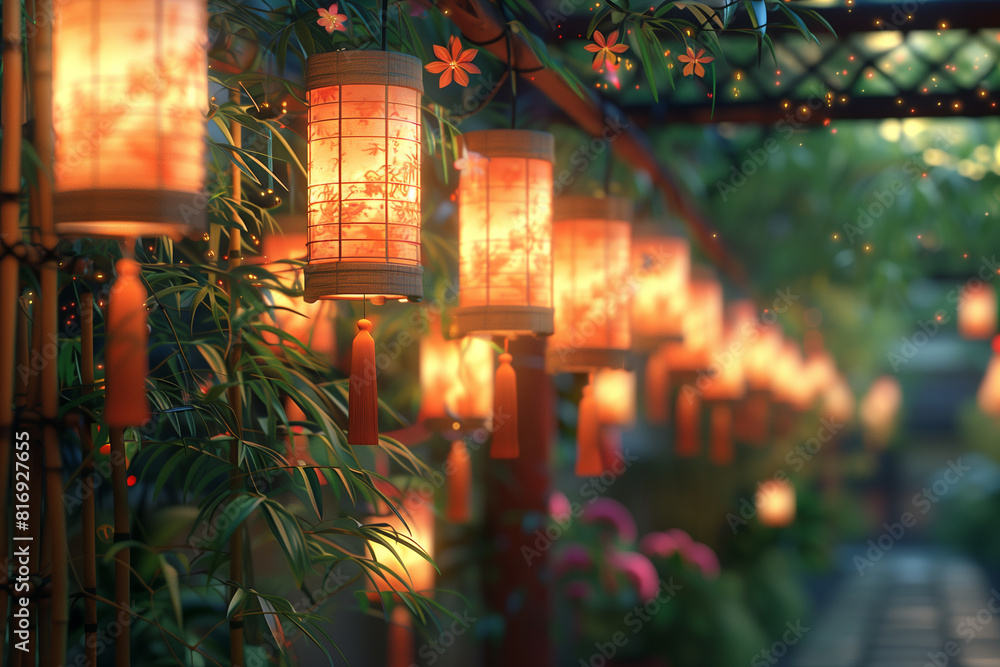 Traditional Tanabata festival decorations in Japan, 3D render Traditional Tanabata festival decorations in Japan, 3D render