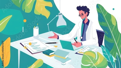 A professional illustration of a doctor in a white coat sitting at a desk, surrounded by plants