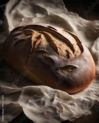 Loaf of bread set against a dark, textured background, with dramatic shadows emphasizing its inviting texture, Generative AI.