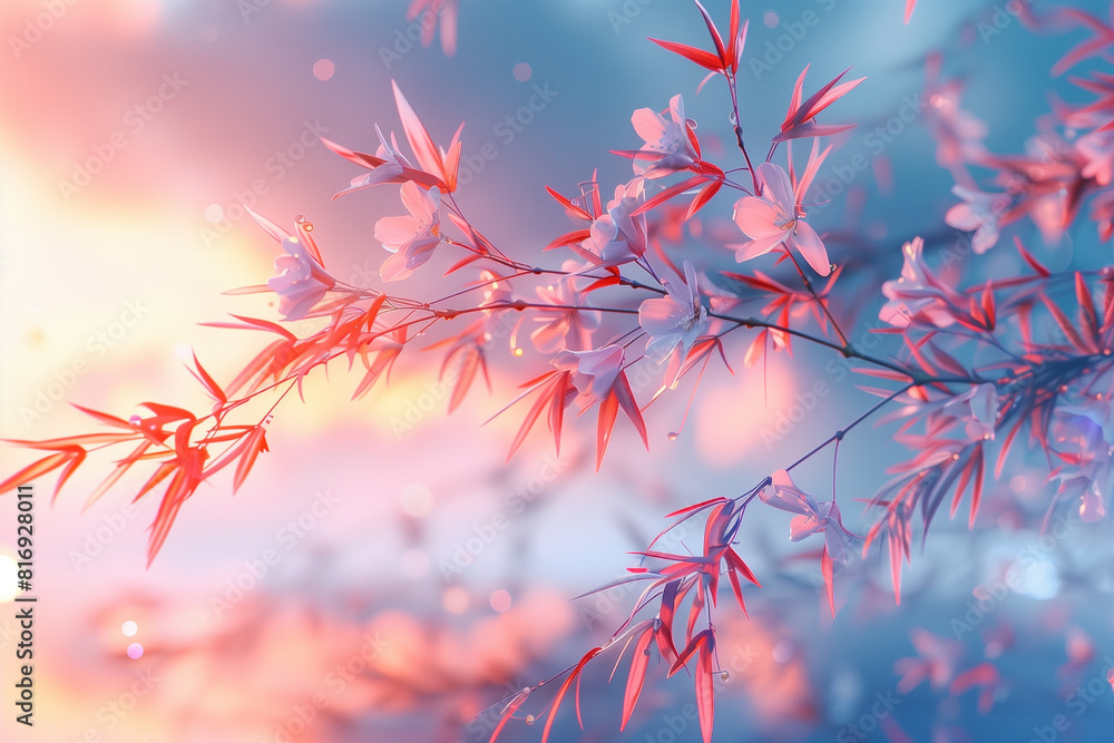 Ethereal view of delicate Tanabata festival streamers softly fluttering on a bamboo branch set against a tranquil twilight sky, 3D render Ethereal view of delicate Tanabata festival streamers softly fluttering on a bamboo branch set against a tranquil twilight sky, 3D render