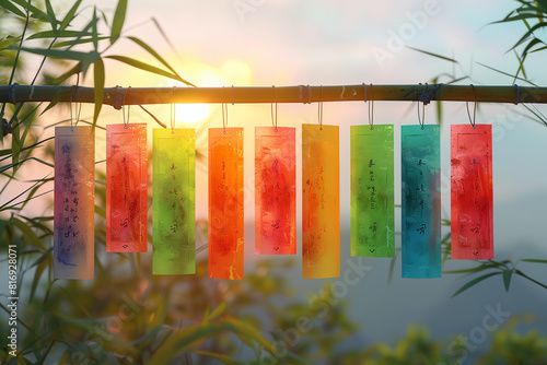 Brightly colored tanzaku paper with wishes written on it hanging from a bamboo branch during the Tanabata festival isolated on a gradient background , 3D render photo