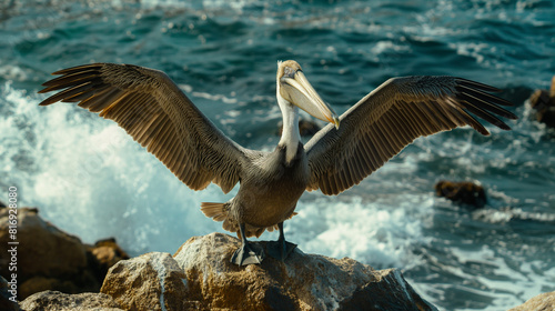 pelican in flight over ocean