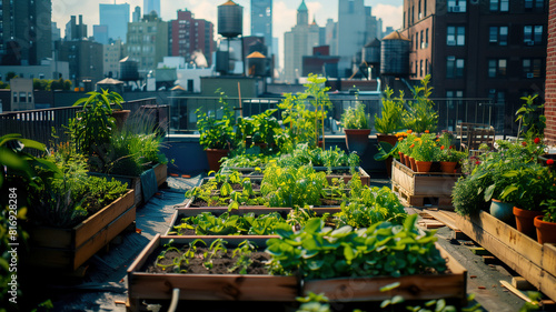 Urban Rooftop Garden with Vegetables. A vibrant rooftop garden in the city grows fresh vegetables like tomatoes and kale, showcasing urban agriculture and sustainability.