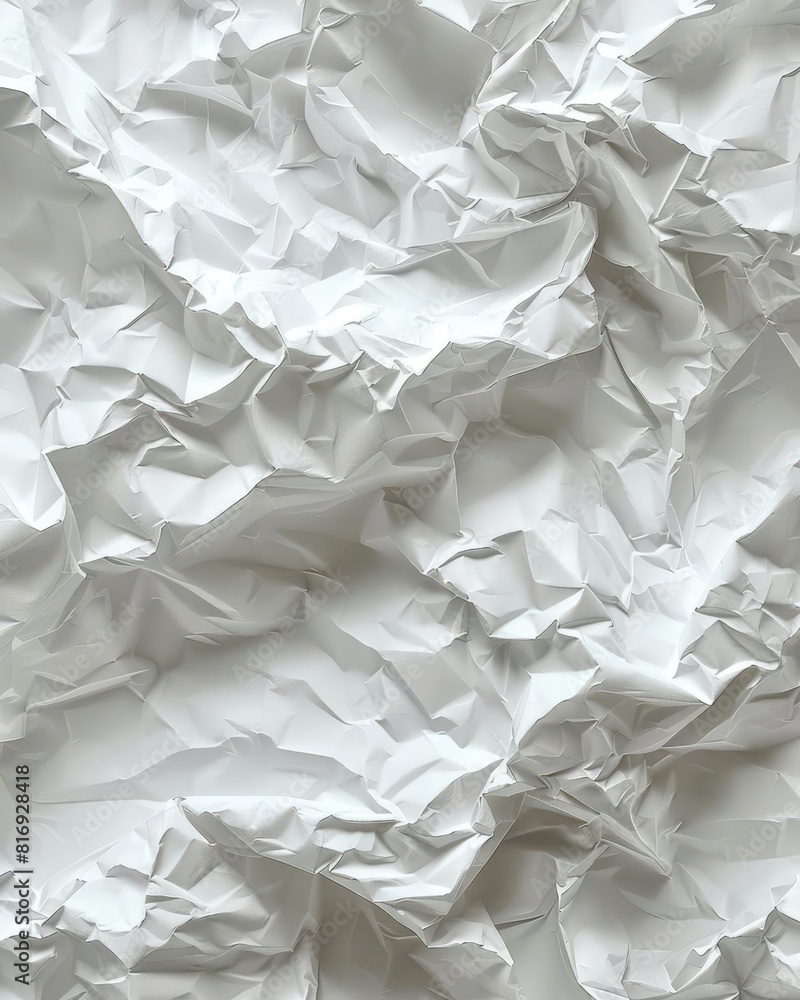 Obraz premium A crumpled white paper texture. The paper is old and has been through a lot of wear and tear. The wrinkles and creases are a testament to its age and history.