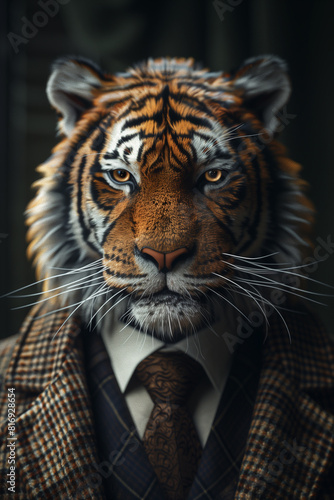 Tiger dressed in an elegant and modern suit with tie. Creative illustration with tiger  3D render