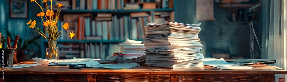 A wooden desk stacked with piles of paper and books A wooden desk stacked with piles of paper and books