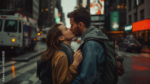 Casal carinhoso compartilhando um beijo carinhoso nas ruas da cidade
