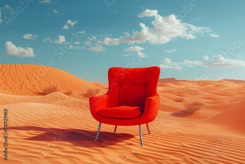 Red chair in the middle of the desert  art creative concept  3D render