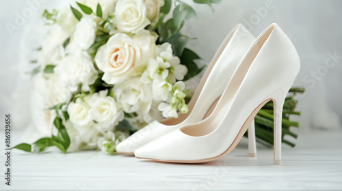 Fundo de casamento. elegantes sapatos de noiva de salto alto e lindo buquê de flores de rosas brancas