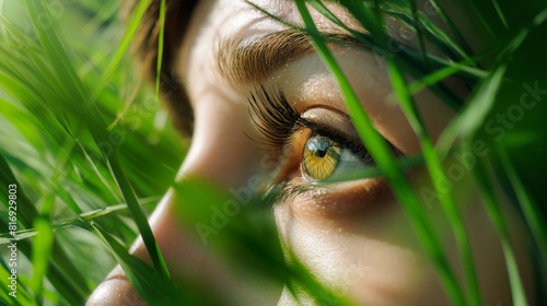 Olho de mulher bonita com grama verde, fundo de natureza. Ecologia, meio ambiente, fundo natural