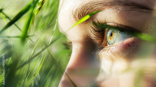 Olho de mulher bonita com grama verde, fundo de natureza. Ecologia, meio ambiente, fundo natural