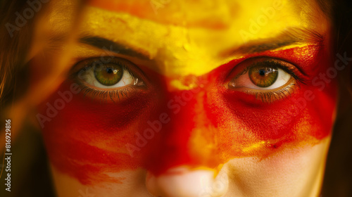 Rosto de mulher com cores pintadas da bandeira espanhola. Sinal de Espanha, amor, patriotismo, fã de esporte, apoio à equipe esportiva photo