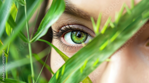 Olho de mulher bonita com grama verde, fundo de natureza. Ecologia, meio ambiente, fundo natural