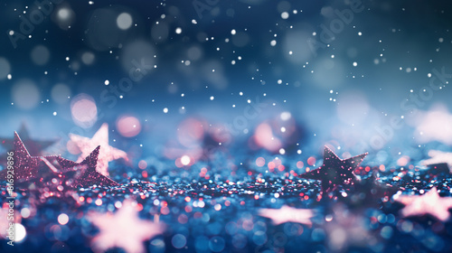 Abstrato de Natal com espaço de cópia para produto ou texto. Pequenas estrelas brilhantes prateadas rosa sobre fundo azul marinho com bokeh photo