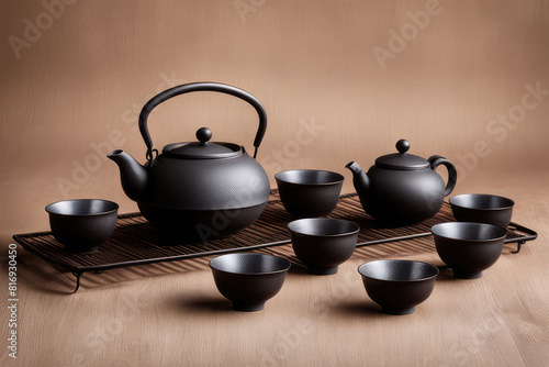 Black iron asian tea set,vintage style photo