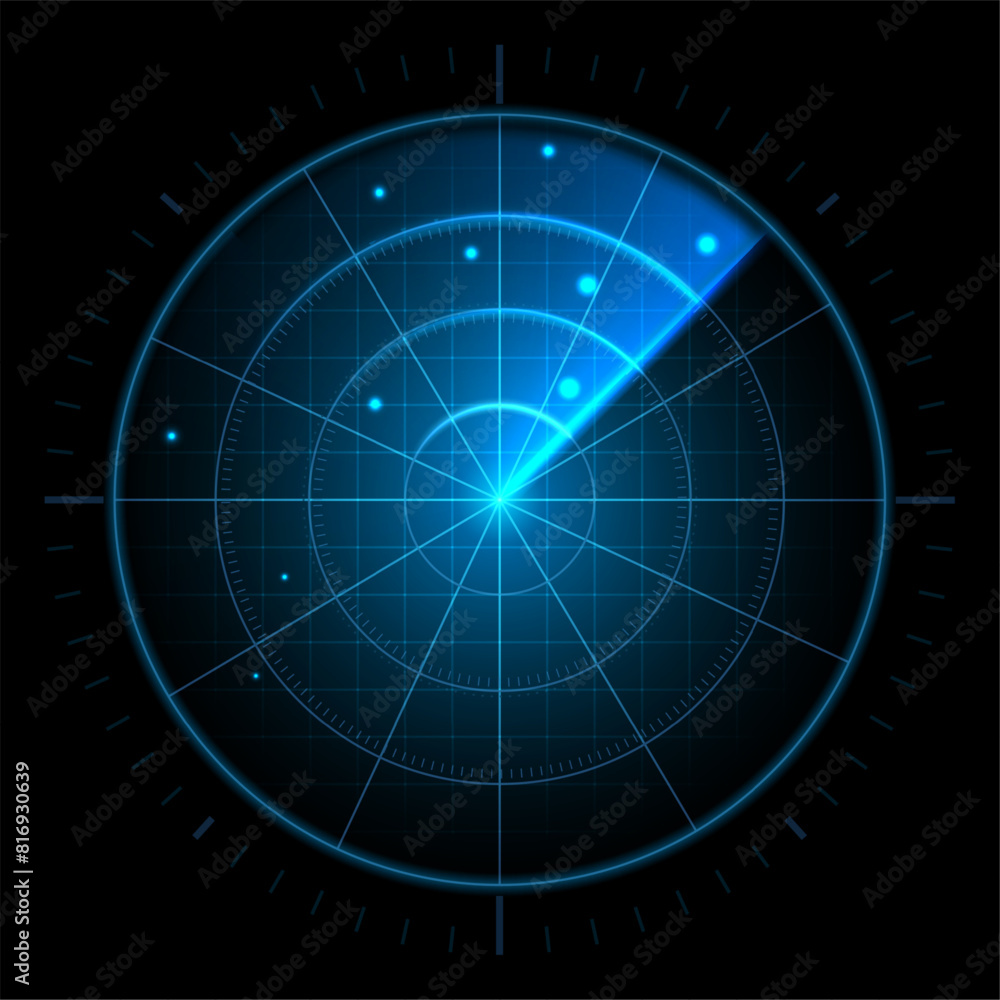 Digital radar screen. Futuristic sonar interface, navigation control monitor high-tech military target tracker or air traffic radar scanner display vector illustration Digital radar screen. Futuristic sonar interface, navigation control monitor high-tech military target tracker or air traffic radar scanner display vector illustration