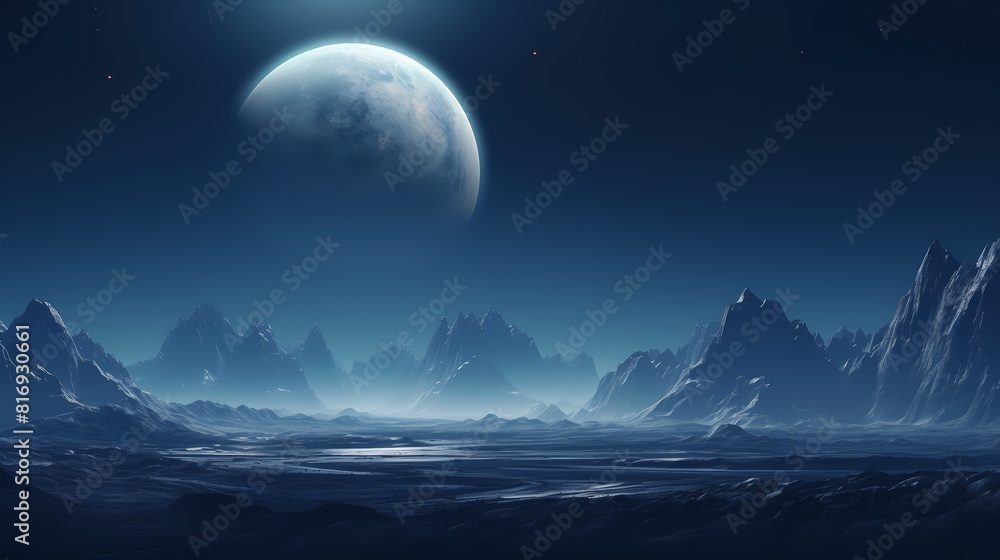 Obraz premium Digital technology blue silver mountains and planet landscape poster background