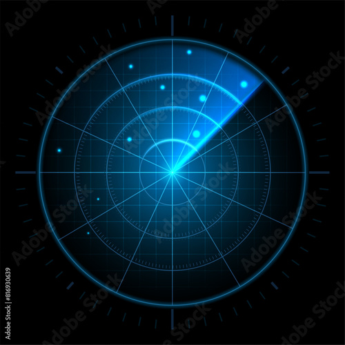 Digital radar screen. Futuristic sonar interface, navigation control monitor high-tech military target tracker or air traffic radar scanner display vector illustration