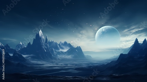 Digital technology blue silver mountains and planet landscape poster background