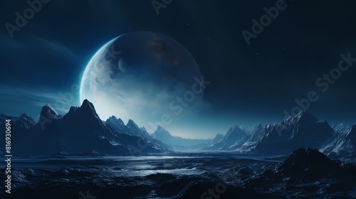 Digital technology blue silver mountains and planet landscape poster background