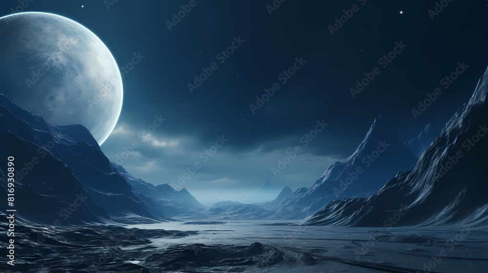 Digital technology blue silver mountains and planet landscape poster background Digital technology blue silver mountains and planet landscape poster background