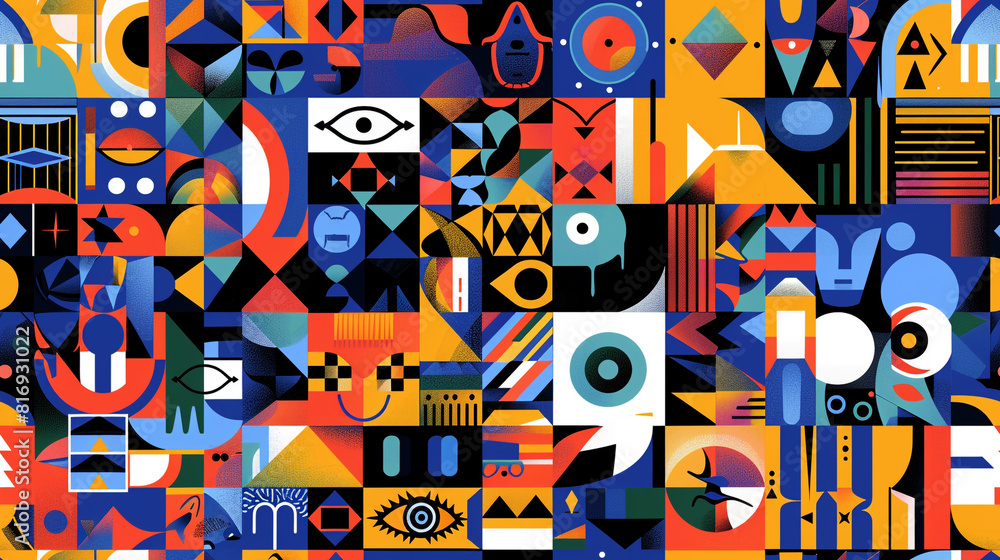 A colorful collage of shapes and patterns. The image is a work of art that is made up of many different shapes and colors. Scene is one of creativity and imagination A colorful collage of shapes and patterns. The image is a work of art that is made up of many different shapes and colors. Scene is one of creativity and imagination