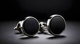 Blank round silver cufflinks stud black label mockup, dark background