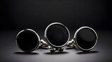 Blank round silver cufflinks stud black label mockup, dark background