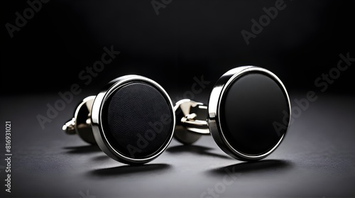 Blank round silver cufflinks stud black label mockup, dark background