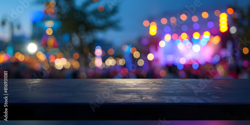 Matte black table with a soft-focus background of a nighttime summer concert, perfect for entertainment products or event promotion