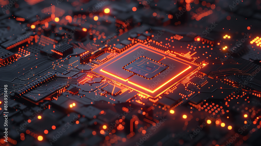 A closeup of an AI chip glowing with neon lights on top of intricate circuit boards, symbolizing the power and complexity behind artificial intelligence technology. The dark background highlights deta A closeup of an AI chip glowing with neon lights on top of intricate circuit boards, symbolizing the power and complexity behind artificial intelligence technology. The dark background highlights deta