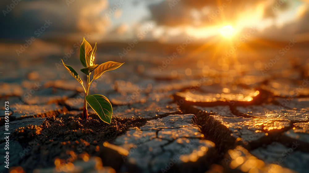 Seedling Growing in Parched Soil at Sunset. A young plant emerges from ...