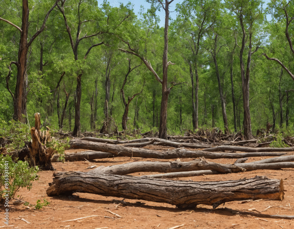 Clear Cut Forest with Fallen Logs and Green Foliage Clear Cut Forest with Fallen Logs and Green Foliage